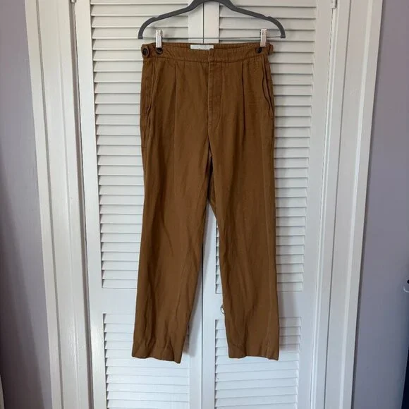 King & Tuckfield men's Tan Tab trousers 29 linen cotton toffee pleated *flaws*